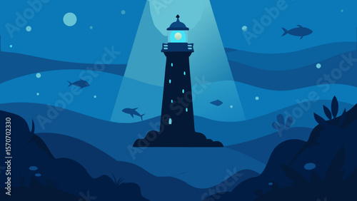 A solitary lighthouse casts its beacon across the night sea, a guiding light for navigation along the coastline