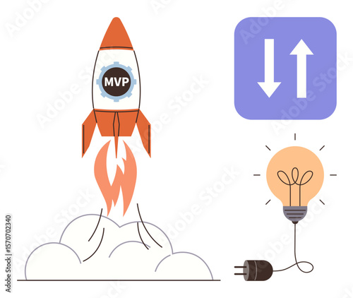 Rocket labeled MVP launching with smoke, light bulb connected by cord, and vertical direction arrows. Ideal for startup, innovation, growth, entrepreneurship, technology creativity progress. Simple