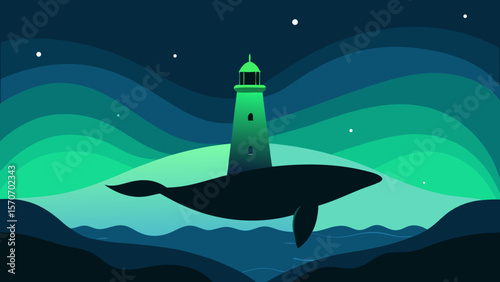 An illustrative beacon of light guides ships through the night, a nautical tower standing against the sky above the ocean waves