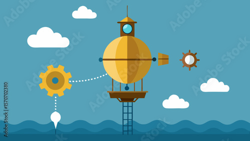 White sky, sun, and blue clouds vector illustration of an old wooden boat with a lamp and a lantern