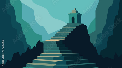 Vector illustration of an ancient church with a towering steeple shrouded in fog, reminiscent of a historical castle or an old lighthouse on a rugged coast under a dramatic sky