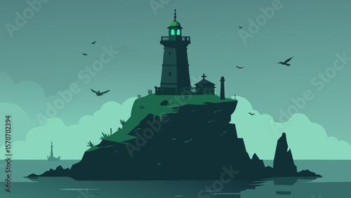 A picturesque tower stands as a beacon on the coastline, illuminating the sea and sky in a serene island landscape