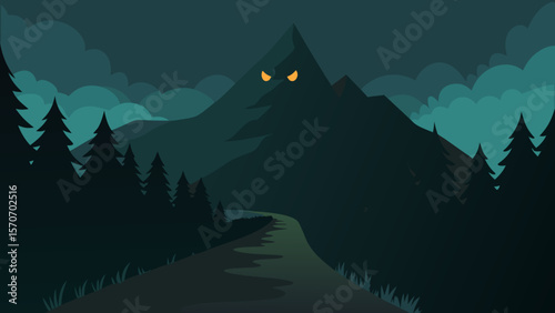 Night landscape vector illustration of a forest and mountains with a moonlit sky and dark trees