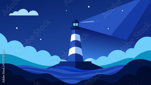 A captivating vector illustration of a lighthouse on the sea, beneath a starry night sky with a luminous moon and gentle waves