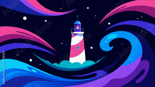 A vector illustration of a solitary lighthouse on the coast, its beacon light piercing the night sky and reflecting on the moonlit ocean water