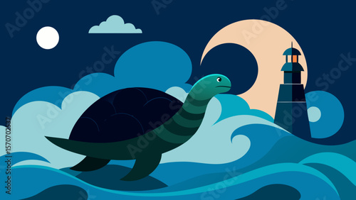 Cartoon vector illustration of a cute whale in the blue ocean at night, happily swimming with marine animals and fish under the sky