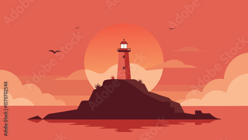 A solitary lighthouse stands as a timeless beacon against the vibrant sunset sky, its light piercing the coastline where the ocean waves meet the beach