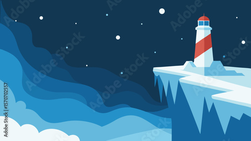 An illustrative vector of a lighthouse at night, guiding a boat through the ocean waves under a vast, starlit sky