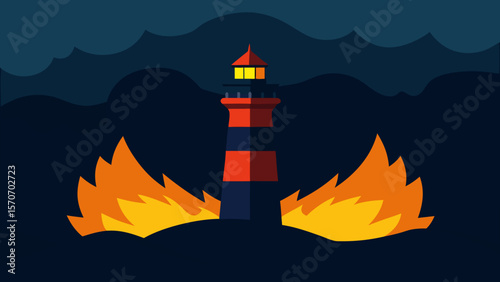 A striking lighthouse stands tall on the coast at sunset, its beacon casting a warm light over the sea