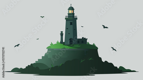 White lighthouse tower on a Greek island coast, a safety beacon against the sky and sea