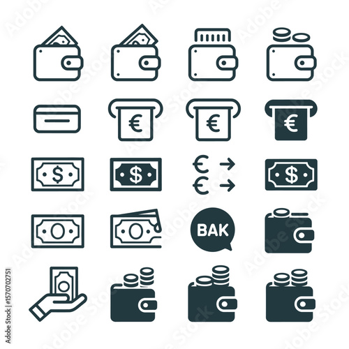 Collection of Twenty Dark Blue and White Linear Financial Icons Depicting Wallets Credit Cards Cash Currency Exchange and Banking Transactions on a White Background