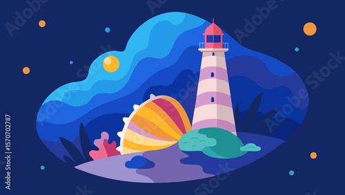 An enchanting illustration of a lighthouse casting its light across the ocean at night, under the moonlit sky