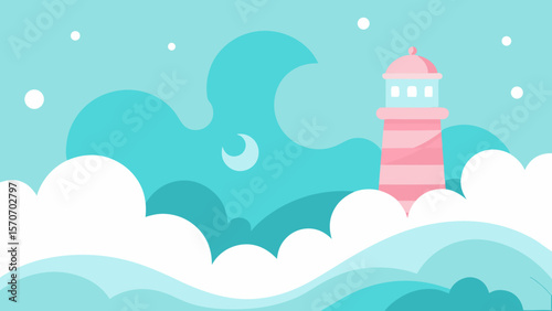 An inviting summer beach landscape with a cartoon lighthouse on the sea, beneath a bright sky with playful clouds and gentle waves