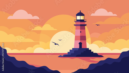 Taj Mahal in Agra, India, and a vector illustration of a lighthouse on a sandy beach at sunset, a beacon guiding along the coast