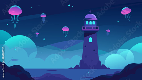 A solitary lighthouse on the ocean coast, its beacon cutting through the night towards the moon