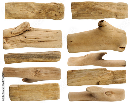 Many various smoothed wooden pieces on white background