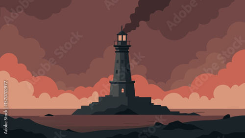 Coastal lighthouse tower illuminating the evening sky over a serene beach and ocean landscape