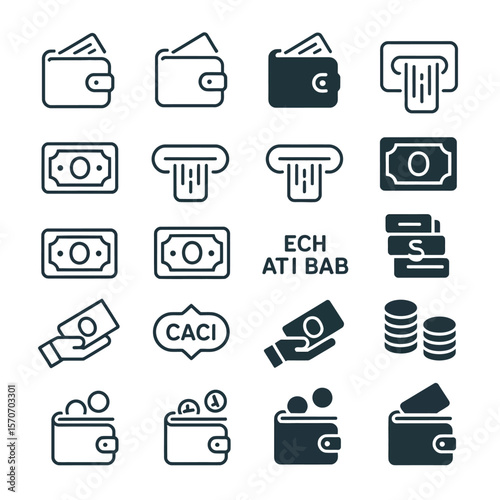 Collection of twenty dark teal and black line art icons depicting various financial transactions including wallets cash banknotes coins A T M machines and hand to hand exchanges against a