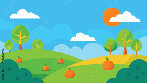 Cartoon Sunny Day Landscape with Orange Trees and Hills