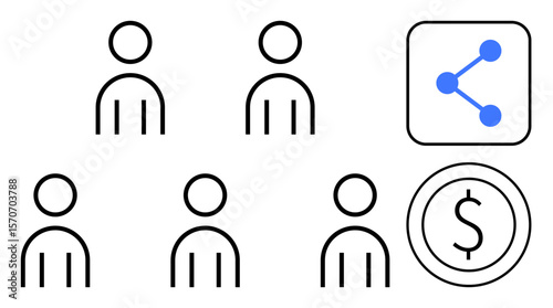 Simplified human figures aligned in two rows, a blue network sharing icon, and a dollar sign within a circle. Ideal for teamwork, networking, communication, finance, revenue, business and simple
