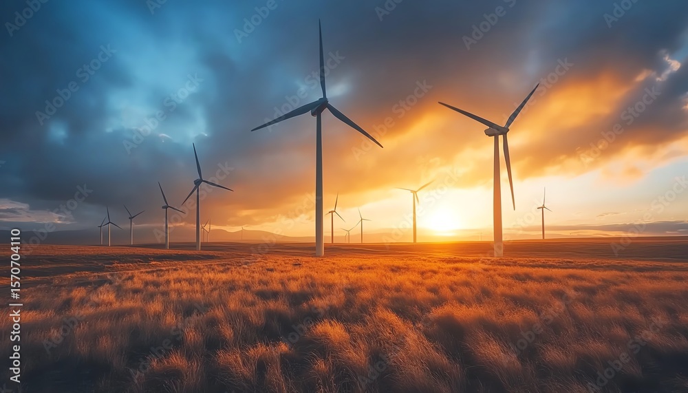 Fototapeta premium Wind turbines against a stunning sunset sky.