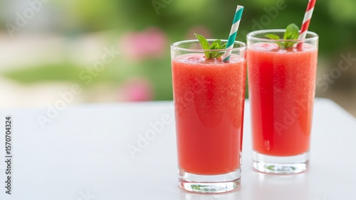 Wallpaper Mural 
Two elegant glasses of watermelon juice garnished with mint leaves and paper straws Torontodigital.ca
