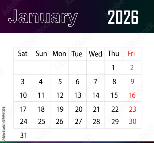 2026 Annual Calender Vector Illustration on White Background