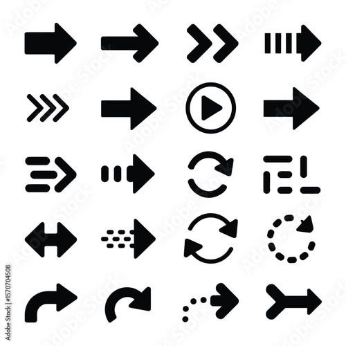 Collection of twenty diverse black arrow icons on white background various styles and directions including curved arrows double arrows and play button symbol simple vector graphic design