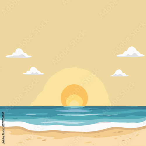 Beach sunset with ocean waves and clouds in warm colors  