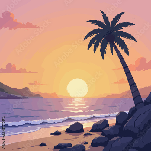Tropical beach at sunset with palm tree and calm ocean waves  