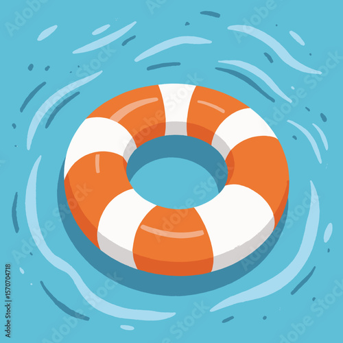 Lifebuoy floating in water with ripples in blue background  