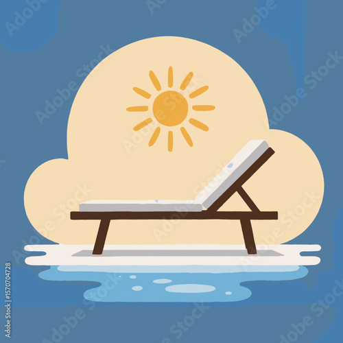 Sun lounger by the water with sun and blue background  
