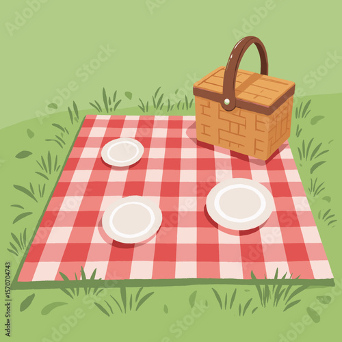 Picnic basket on red checkered blanket in grassy outdoor setting  