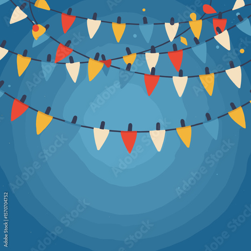 Colorful bunting flags hanging against a blue background  
