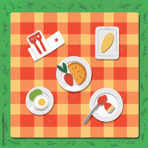Food on a picnic blanket with fruit, egg, and chicken dish  