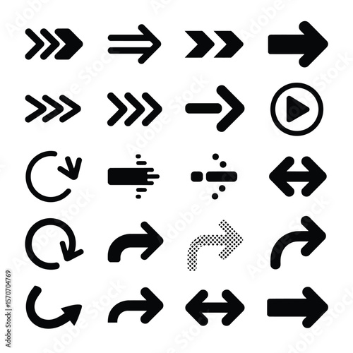Collection of twenty diverse black arrow icons on white background various styles including curved arrows right arrows left arrows double arrows circular arrows and play button symbol