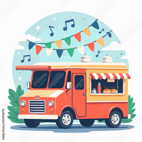 Colorful food truck with flags parked in a festive outdoor setting  