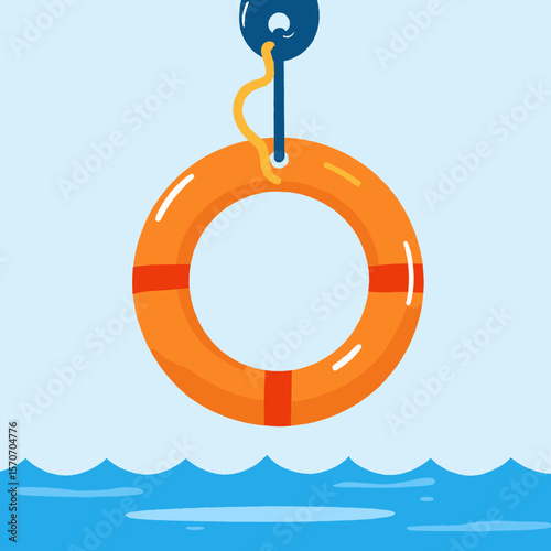 Lifebuoy hanging above water in calm ocean scene  