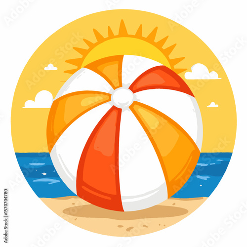 Colorful beach ball on sandy shore with ocean and sun  