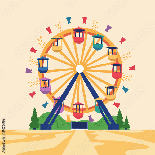 Colorful Ferris wheel at amusement park with greenery in background  