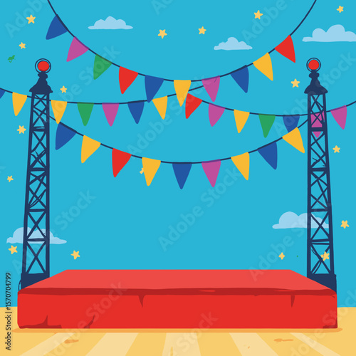 Colorful festival stage with bunting and blue sky background  