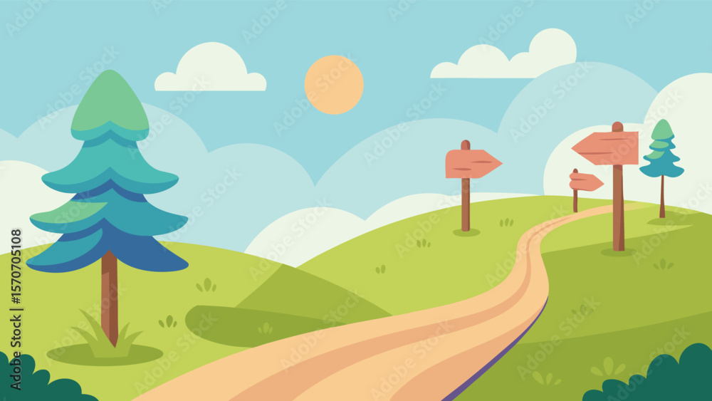 Fototapeta premium Cartoon Winding Road Leading Through Sunny Green Hills