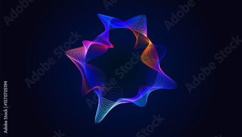 Colorful abstract soundwave forms a circular vibrant, wavy pattern, glowing on a dark background. Spectrum of colors, dynamic and energetic visualization of sound or data.