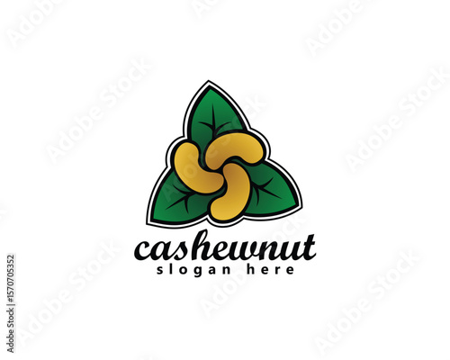 creative cashew logo three cashew seeds in a circle with three leaves behind ,logo design template