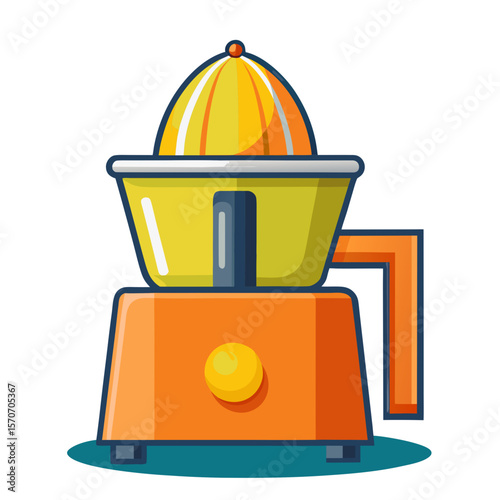 citrus juicer with an orange base, yellow juicing bowl, and orange reamer on top, featuring a simple handle and bright, cheerful colors.
