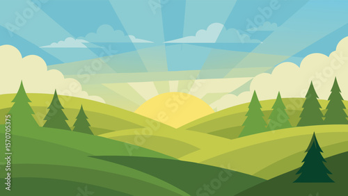 Canvas Print Sunrise over Rolling Green Hills and Pine Trees
