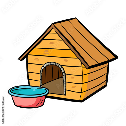 Wooden dog house with bowl vector hand drawn illustration 