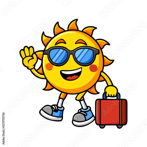 Cute summer sun cartoon mascot character with a sunglasses Carrying Suitcase And Waving 