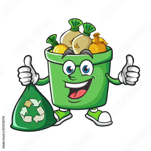 Happy green recycle bin cartoon mascot character full With Garbage Bags Giving A Thumb Up 