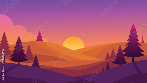 Sunset Landscape with Silhouetted Pine Trees and Rolling Hills